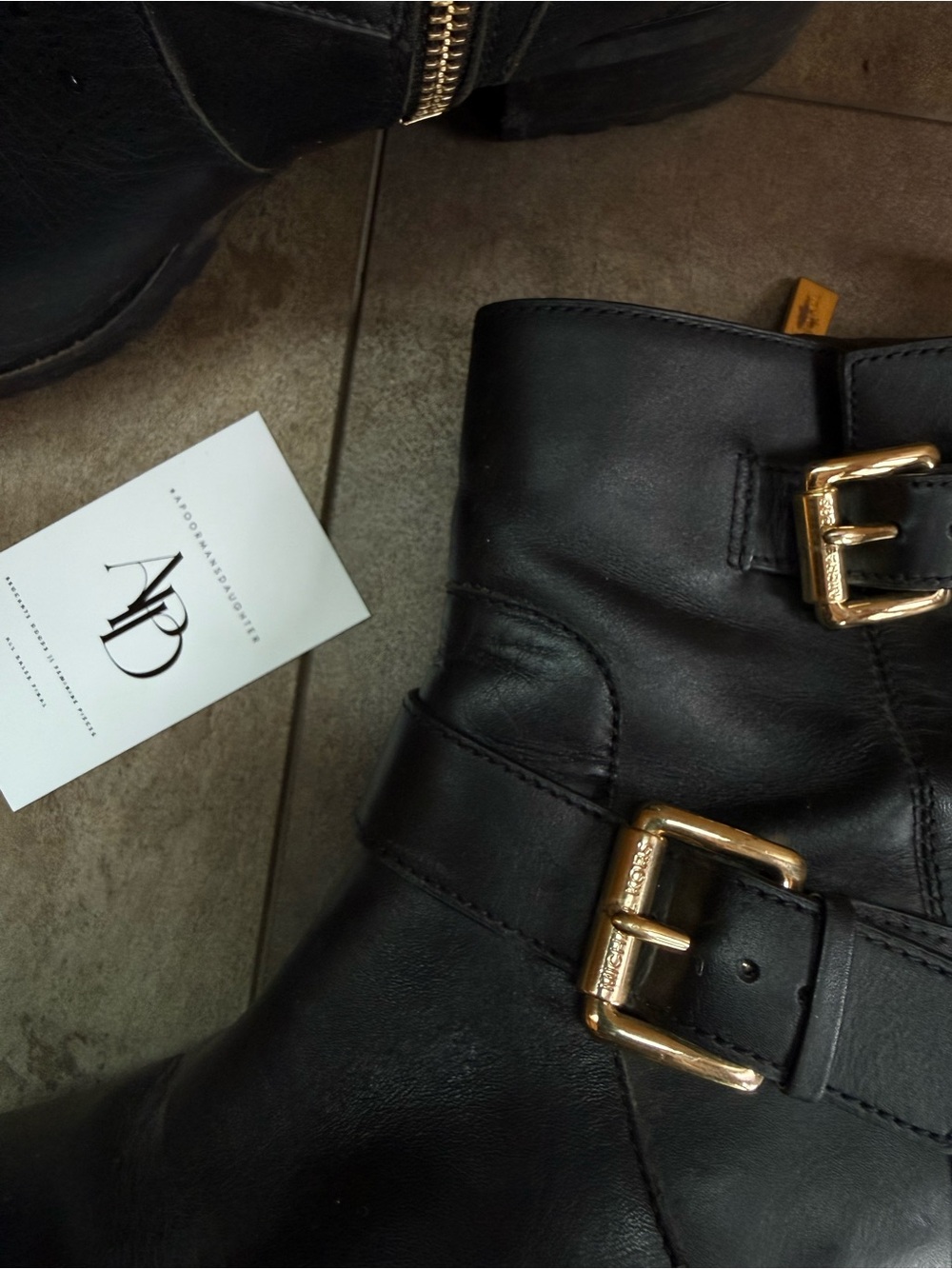 Michael Kors Black Leather Ankle Booties with Gold Buckles
